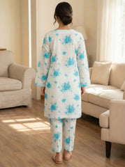 White Aqua Floral 2 Piece Stitched Suit for Women