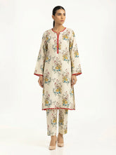 Cream Floral Red Trim 2 Piece Stitched Suit for Women