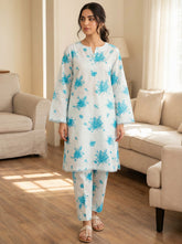 White Aqua Floral 2 Piece Stitched Suit for Women