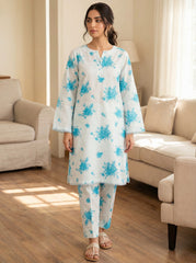 White Aqua Floral 2 Piece Stitched Suit for Women