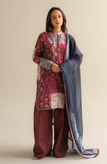 Zara Shahjahan – Maroon & Powder Blue Patchwork Printed Lawn 3 Piece Suit