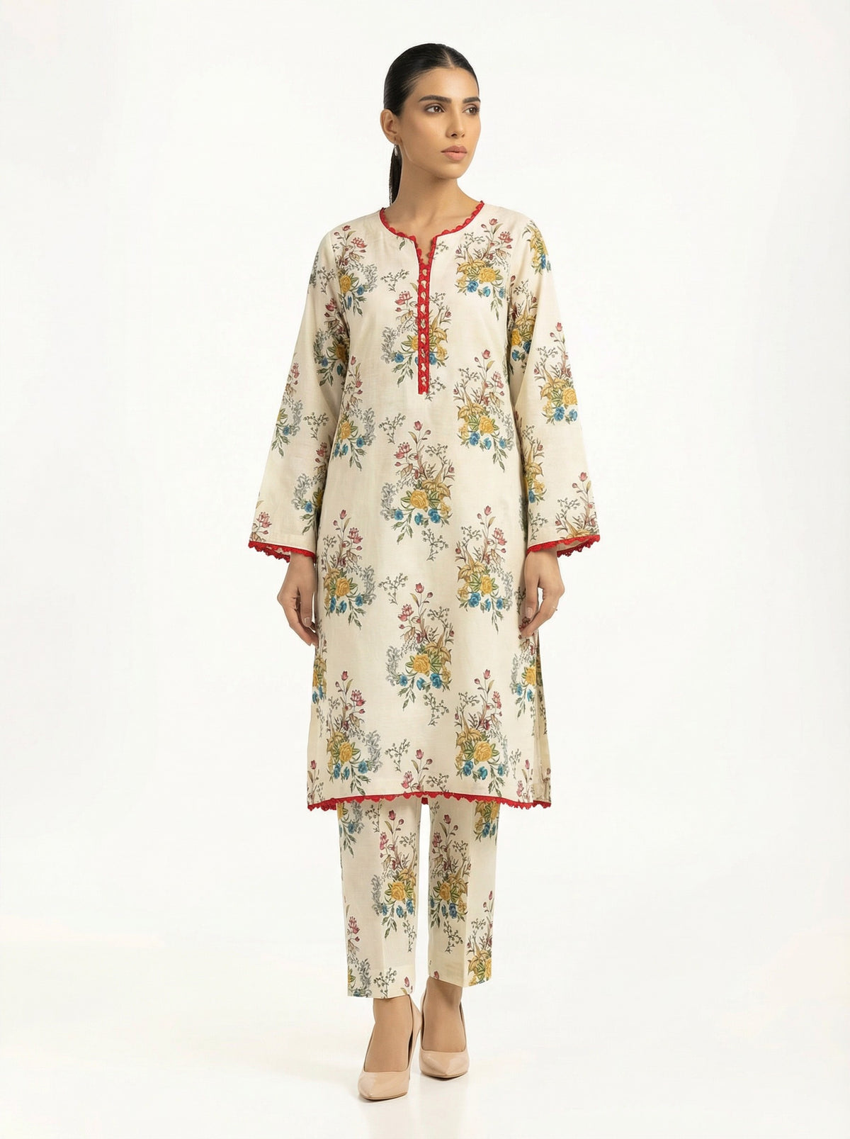 Cream Floral Red Trim 2 Piece Stitched Suit for Women