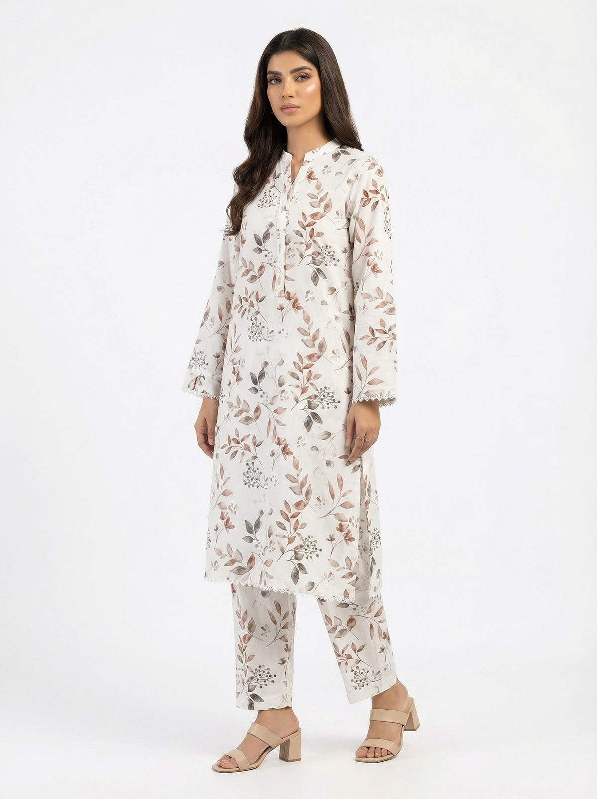 Off-White Leaf Print 2 Piece Stitched Suit for Women