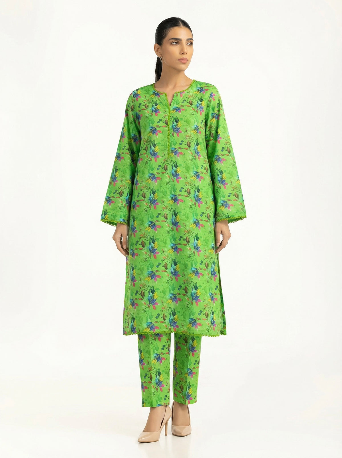Parrot Green Floral 2 Piece Stitched Suit for Women