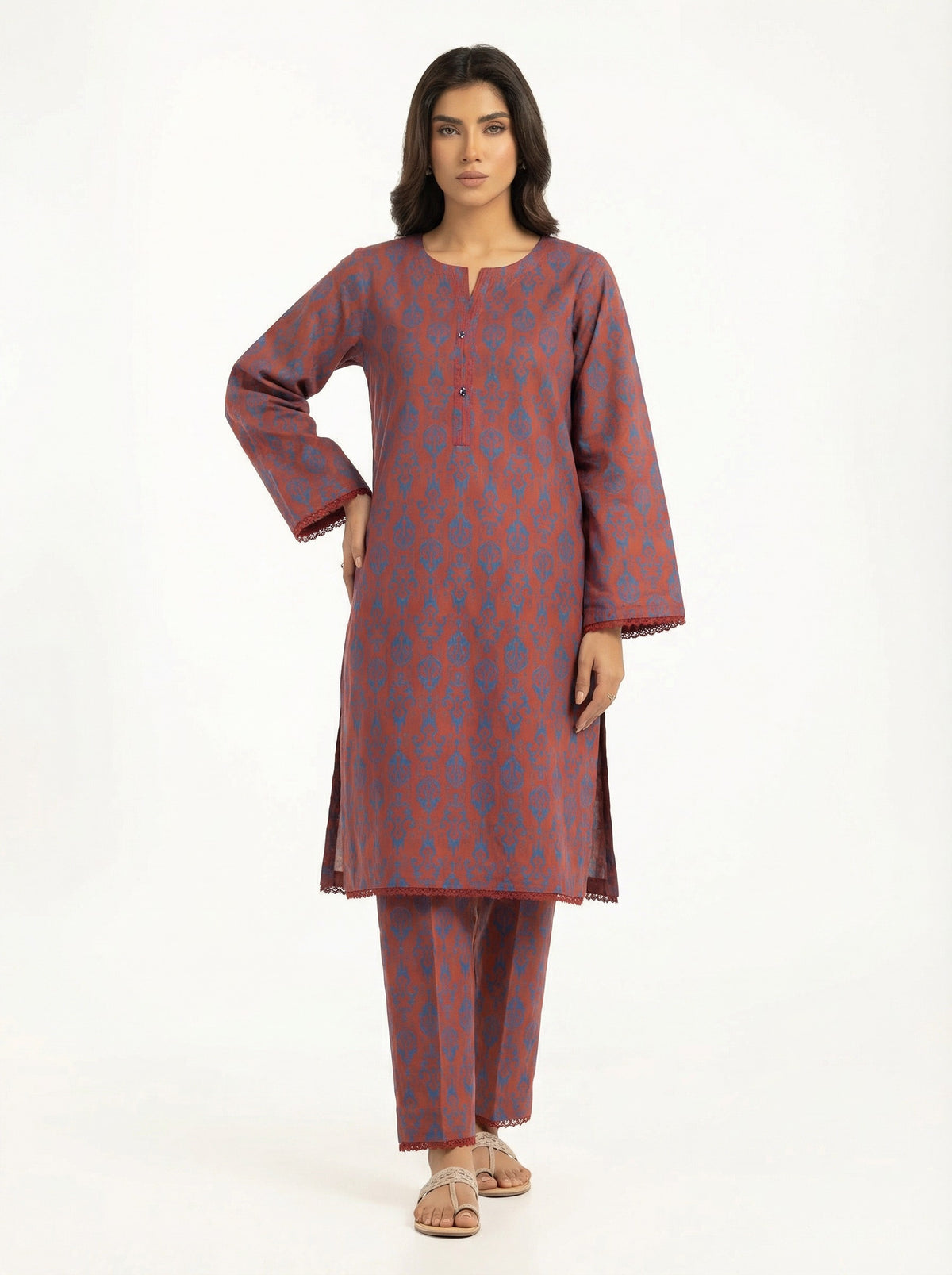 Rust Blue Printed 2 Piece Stitched Suit for Women