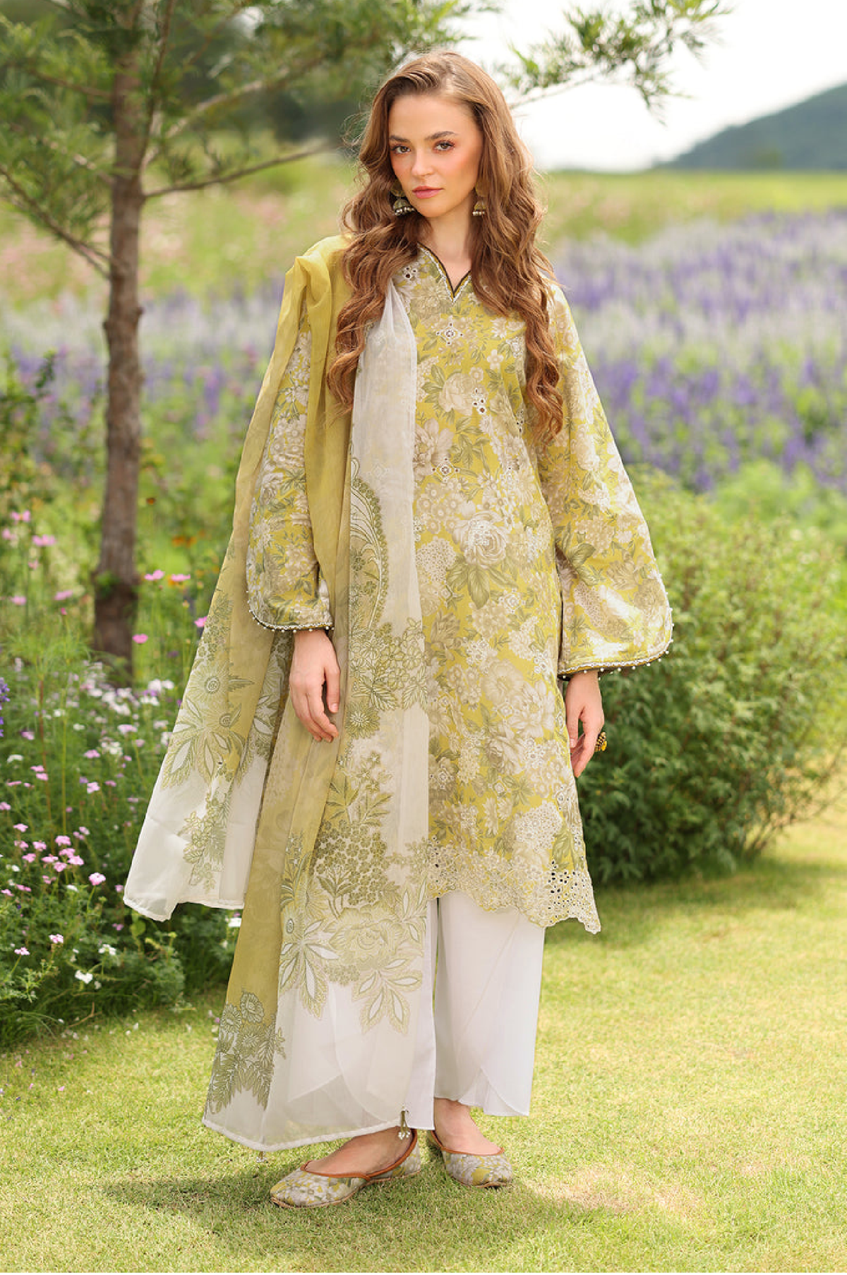 Pastel Olive Floral 3 Piece Stitched Suit – Baroque Collection