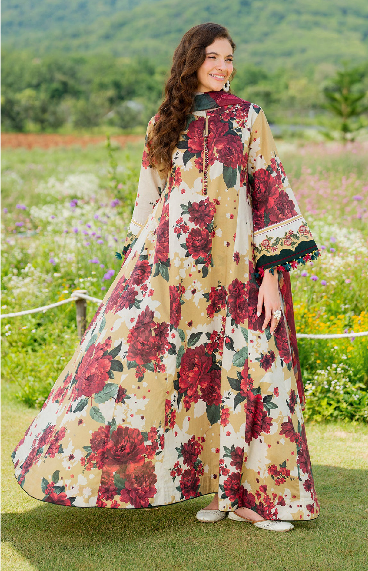 Baroque Stitched Printed Lawn Dress – Red Floral Long Style | Glamourhub