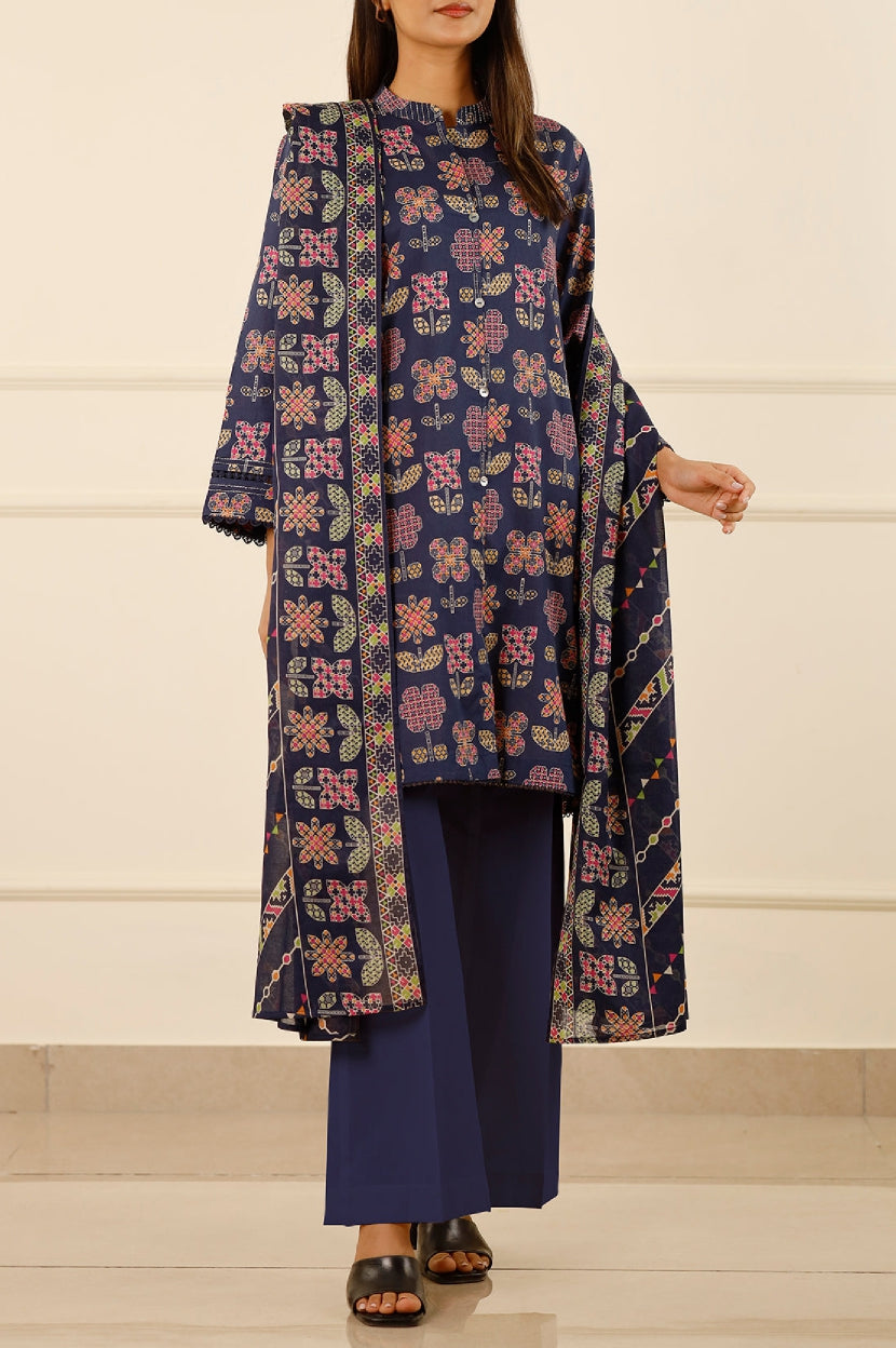 SAYA Unstitched Printed Lawn Suit – Navy Blue Floral Design