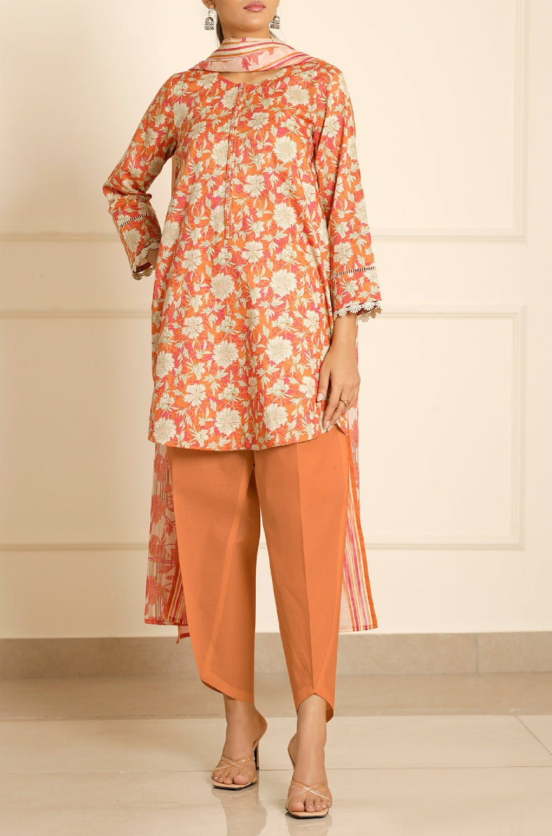 SAYA Unstitched Printed Lawn Suit – Coral Orange Floral Design