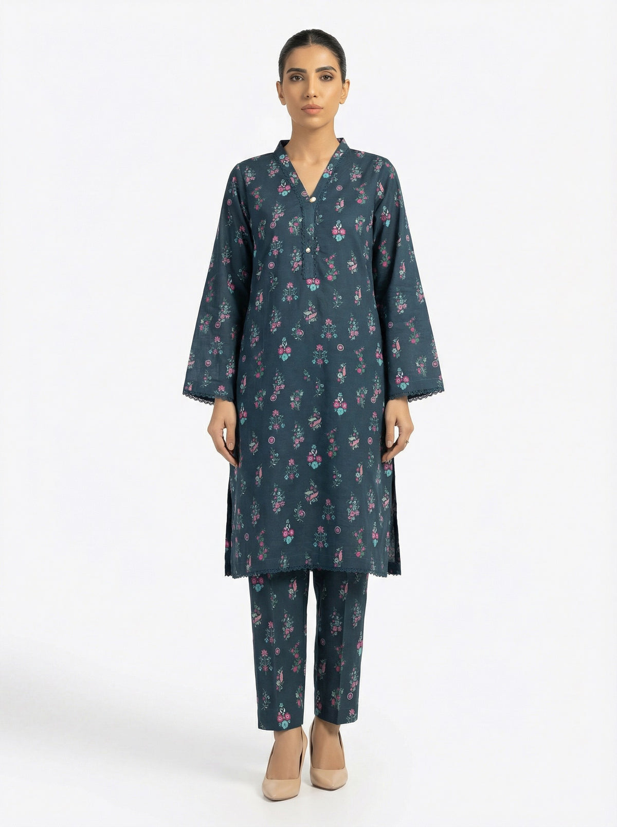 Teal Green Floral 2 Piece Stitched Suit for Women