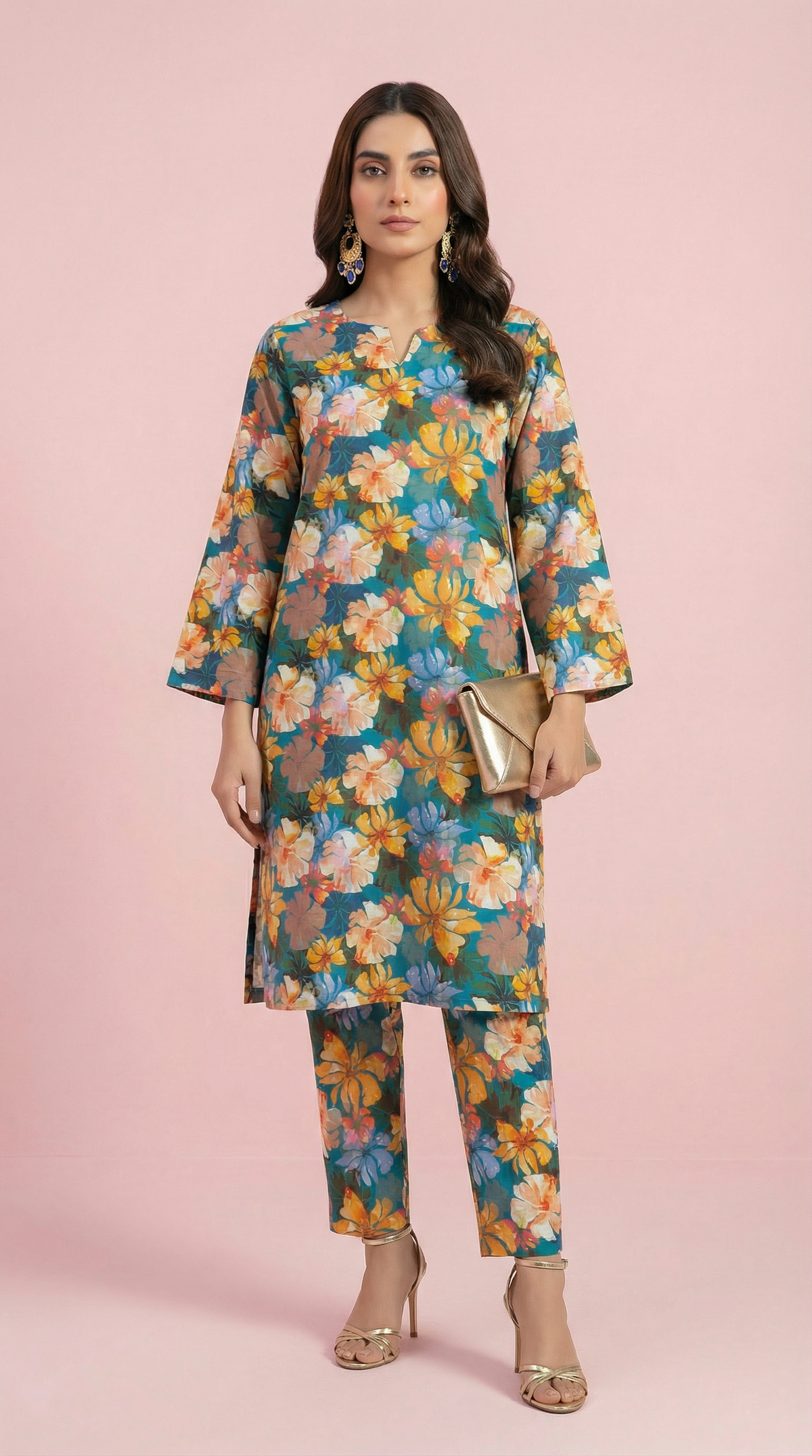 Khaadi 2-Piece Printed Suit - Teal Garden Floral Fusion